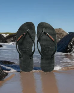 Slim Metal Logo Crystal Thongs Women Flip Flops