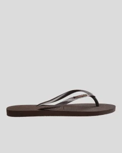 Flip Flops*Havaianas Slim Metal Logo Thongs Dark Brown