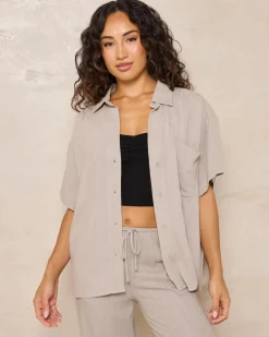 Sets|Linen Blend*Mooloola Symi Vanessa Short Sleeve Shirt Mushroom
