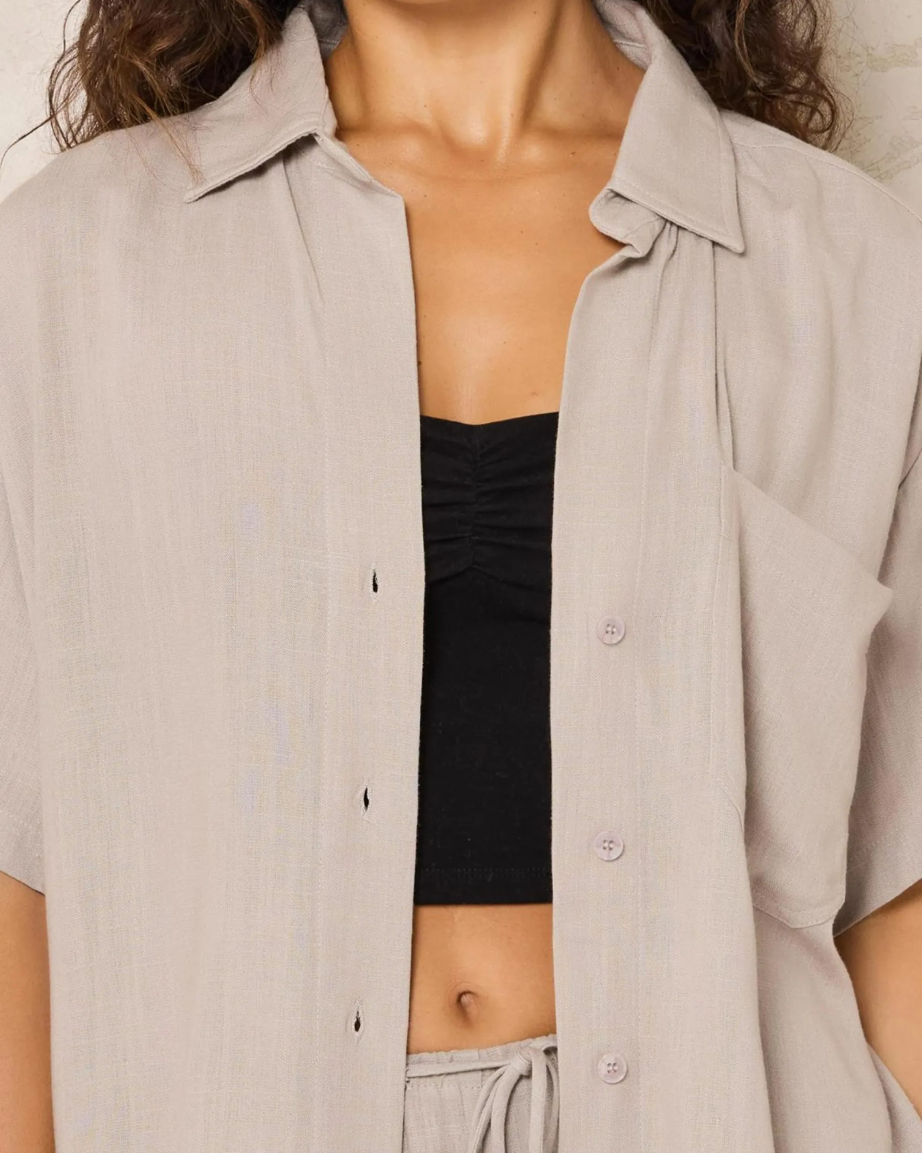 Sets|Linen Blend*Mooloola Symi Vanessa Short Sleeve Shirt Mushroom