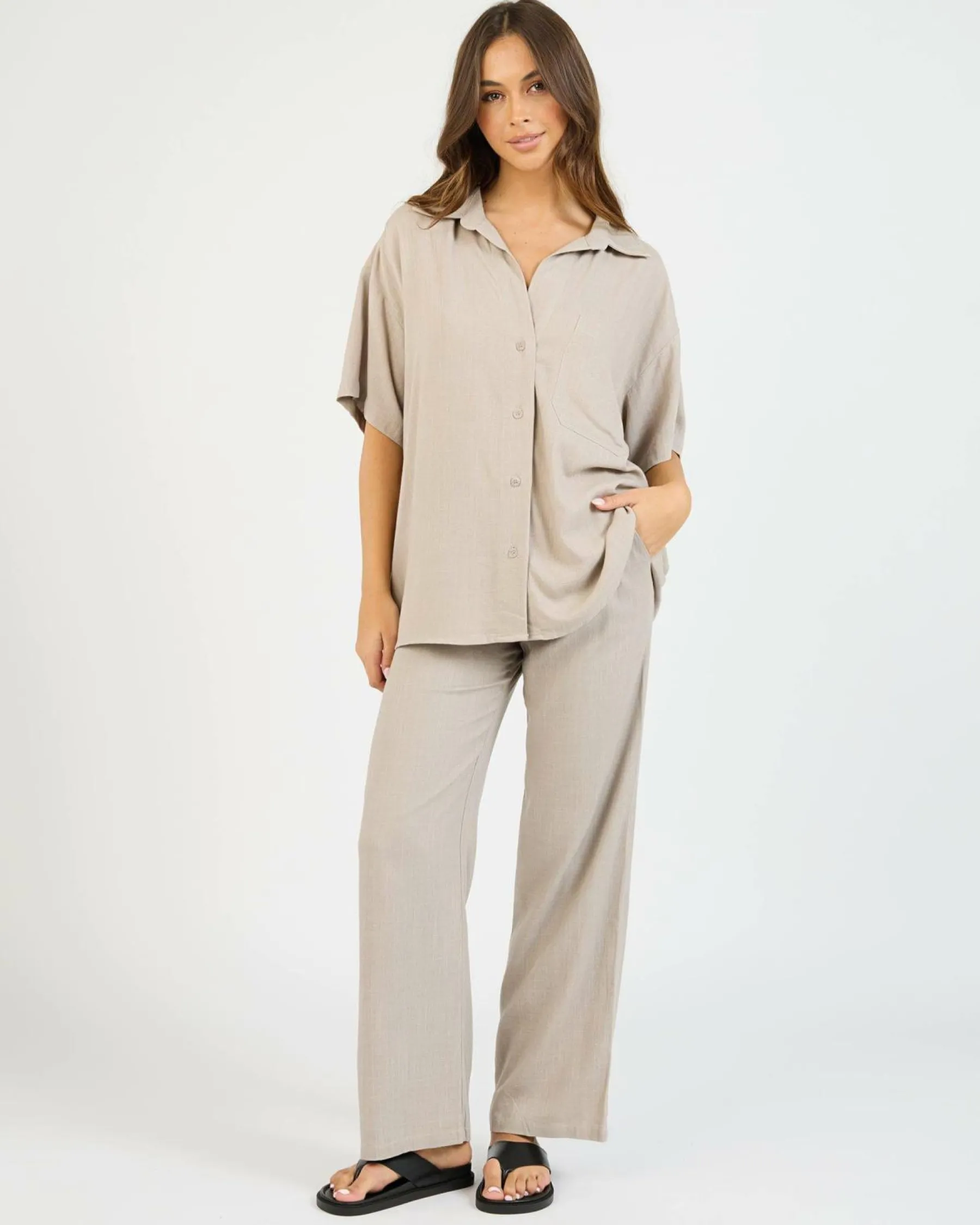 Sets|Linen Blend*Mooloola Symi Vanessa Short Sleeve Shirt Mushroom