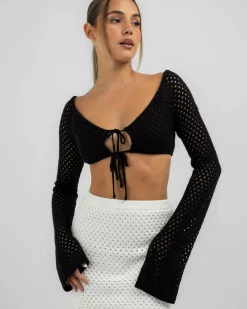 Tops*Mooloola Taylah Crochet Long Sleeve Top Black