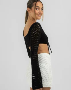 Tops*Mooloola Taylah Crochet Long Sleeve Top Black