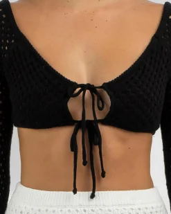 Tops*Mooloola Taylah Crochet Long Sleeve Top Black
