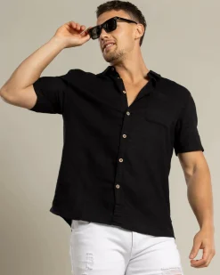Tops & T-Shirts|Linen Blend*Skylark Tension Short Sleeve Shirt Black