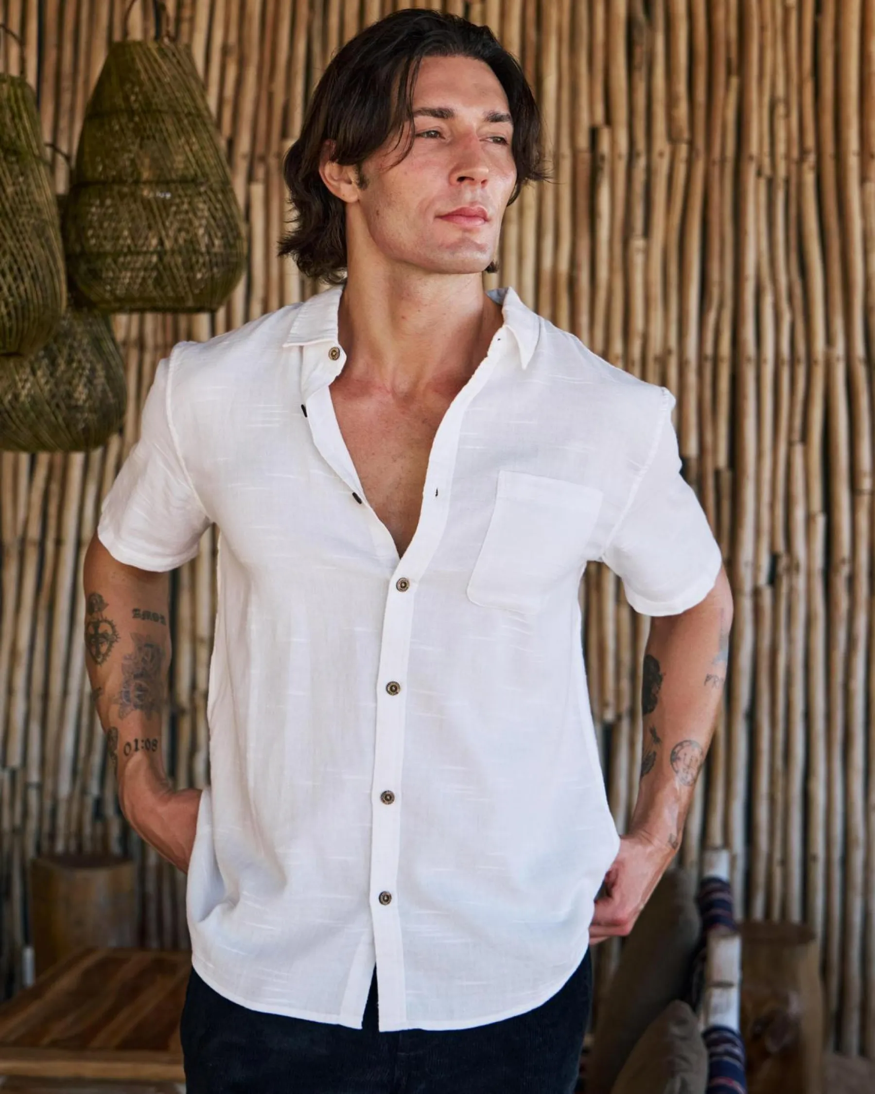 Tops & T-Shirts|Linen Blend*Skylark Tension Short Sleeve Shirt Off White