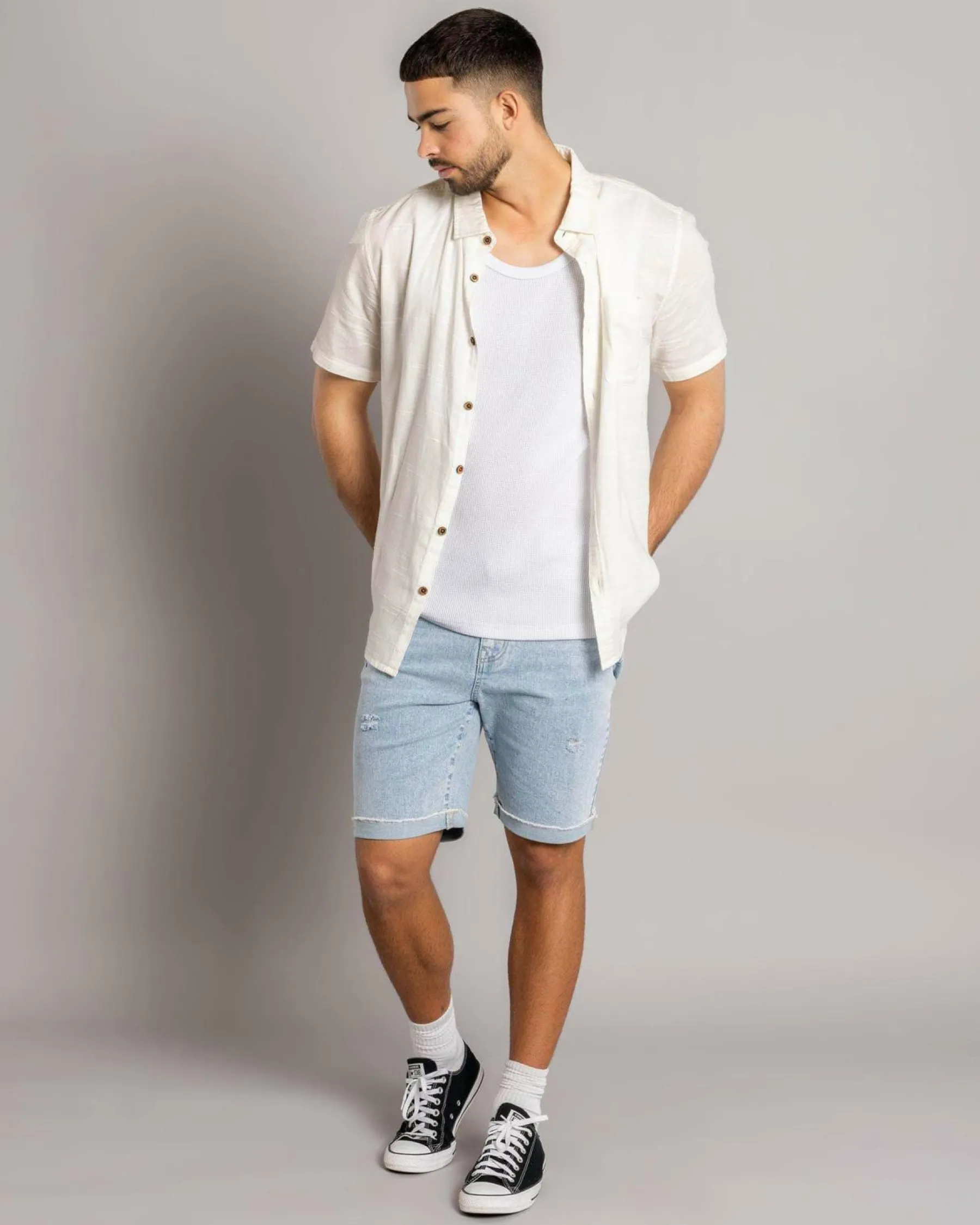 Tops & T-Shirts|Linen Blend*Skylark Tension Short Sleeve Shirt Off White
