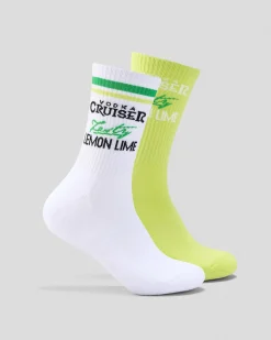 Socks*FOOT-IES Vodka Cruiser Zesty Lemon Lime Sneaker Sock 2 Pack White/light Green