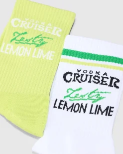 Socks*FOOT-IES Vodka Cruiser Zesty Lemon Lime Sneaker Sock 2 Pack White/light Green