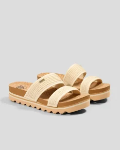 Sandals*Reef Womens Cushion Vista Hi Slide Sandals Vintage Raffia