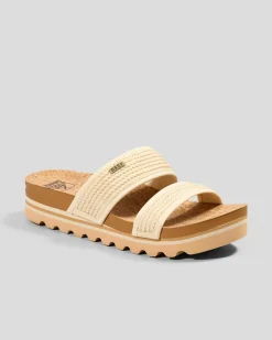 Sandals*Reef Womens Cushion Vista Hi Slide Sandals Vintage Raffia