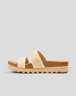 Sandals*Reef Womens Cushion Vista Hi Slide Sandals Vintage Raffia