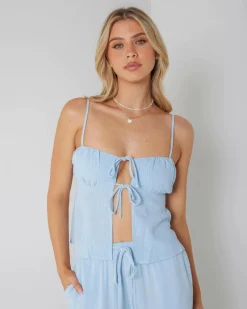 Sets|Linen Blend*Mooloola Zelm Dallis Tie Front Top Powder Blue