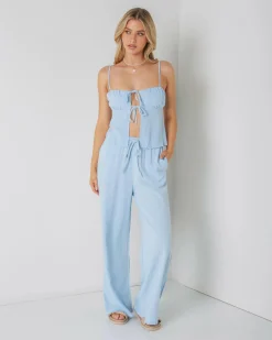 Sets|Linen Blend*Mooloola Zelm Dallis Tie Front Top Powder Blue