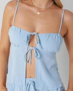 Sets|Linen Blend*Mooloola Zelm Dallis Tie Front Top Powder Blue