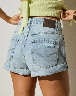 Denim|Bottoms*DESU Zuma Roll Up Denim Shorts Distressed Light Blue